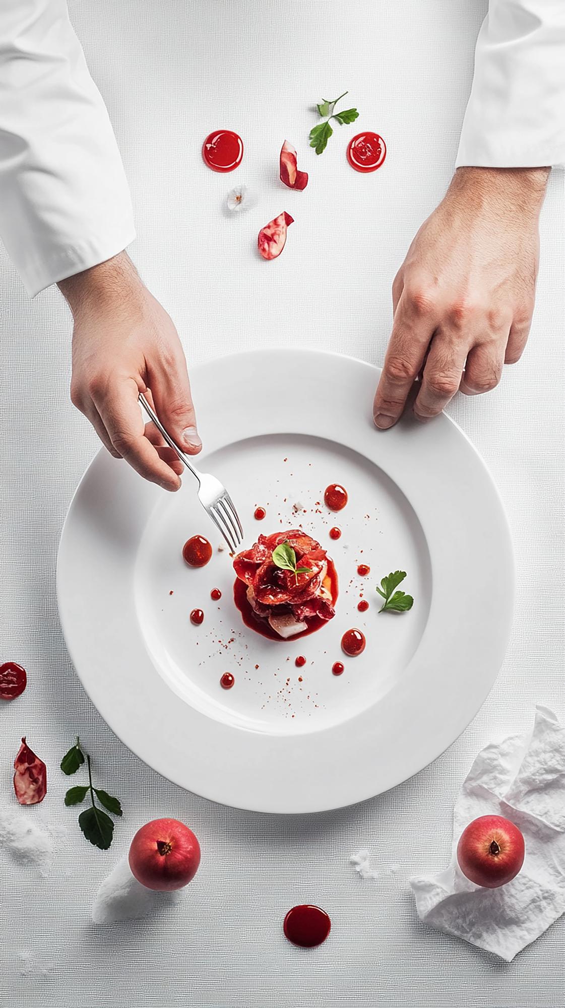 Chef presenting plated dish on rustic table